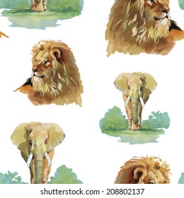 Watercolor lion and elephant seamless pattern on a white background vector illustration