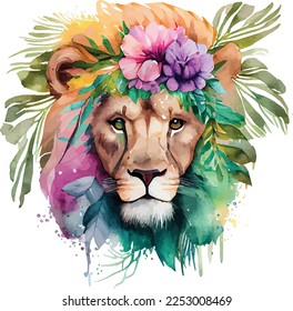 Watercolor lion on a white background vector image. African Safari wild cat cute exotic animals face portrait character. Isolated on white poster, invitation desi