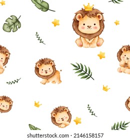 Watercolor lion seamless pattern background