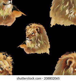 Watercolor lion seamless pattern on a black background vector illustration