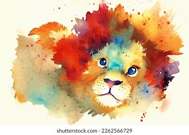 Watercolor lion vector illustration, colorful splashes abstract painting of wild animal, cute cartoon art