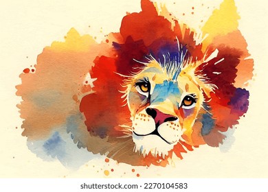 Watercolor lion vector illustration, colorful splashes abstract painting of wild animal, cute cartoon art