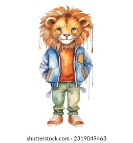 watercolor lion wearing clothes playfull funny white background isolated