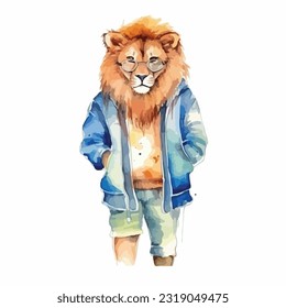 watercolor lion wearing clothes playfull funny white background isolated