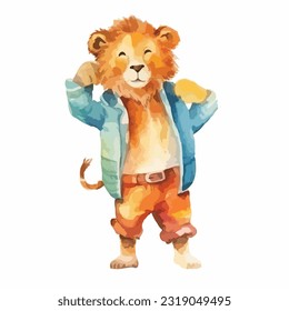 watercolor lion wearing clothes playfull funny white background isolated