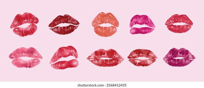 Watercolor lip prints in various shades of red, pink, and orange. Lip prints in different colors, showcasing vibrant lipstick shades on a light pink background. Element vector collection.