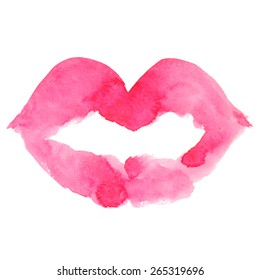 Watercolor lips, lipstick kiss, print closeup isolated on white background. Hand painting on paper