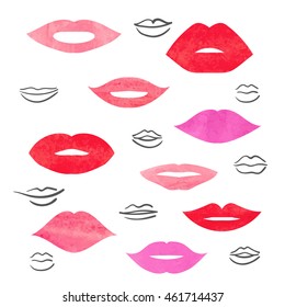 Watercolor lips set. Collection of vector women's mouths and multicolored lips icons. 