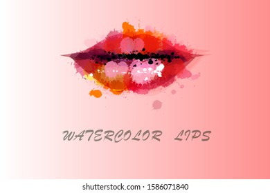 Watercolor lips vector illustration. Set make up lipstick product frame. Makeup collection