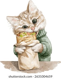 Watercolor little cat kitten character animal in clothes eat shawarma doner fast food in a wrapper vector