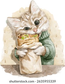 Watercolor little cat kitten character animal in clothes eat shawarma doner fast food in a wrapper vector