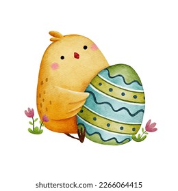 Watercolor little chicken holding Easter egg