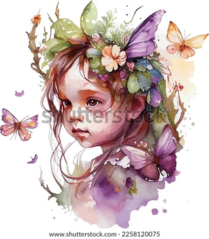 Watercolor little fairy girl illustration. Hand drawn beautiful cute little tooth fairy princess girl with a tooth.
