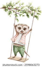 Watercolor little meerkat character animal in clothes rides on rope swing vector