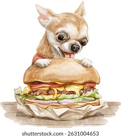 Watercolor little puppy dog character animal in clothes eat big burger fast food in a wrapper vector