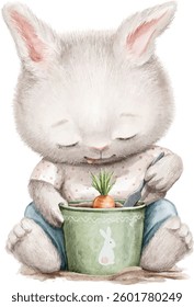 Watercolor little rabbit character animal in clothes plants carrots in a bucket vector