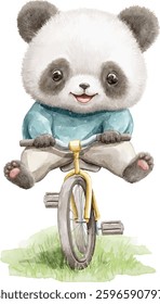 Watercolor little smiling panda character animal in clothes rides bicycle vector