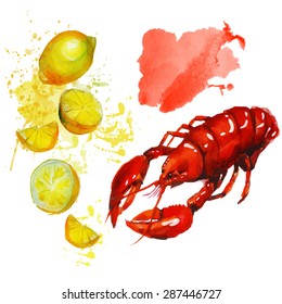 Watercolor lobster with lemon.  Simple painting sketch in vector format.