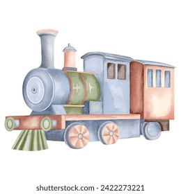 Locomotora acuarela. Ilustración de un lindo tren de juguete.  Juguetes acuarelas. Tren de color pastel