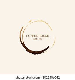 Watercolor logo for coffee house in form of coffee stains isolated on light beige background. Vector illustration EPS10.