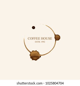 Watercolor logo for coffee house in form of coffee stains isolated on light beige background. Vector illustration EPS10.