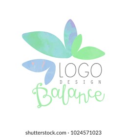 Watercolor logo design with abstract leaves. Herbal balance. Decorative vector element for yoga class or spa salon. Alternative medicine. Wellness concept