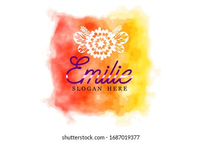Watercolor logo, flower with initial "Emilie"and watercolor background