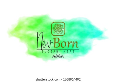 Watercolor logo. flower logo. flower with initial"New Born" and watercolor background