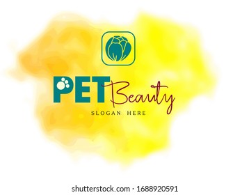 Watercolor logo. flower logo. flower with initial"PET Beauty" and watercolor background
