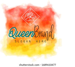 Watercolor logo. Flower logo. flower with initial"Queen" and watercolor background
