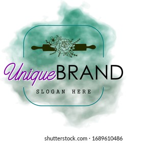 Watercolor logo. Flower logo. flower with initial"Unique BRAND" and watercolor background