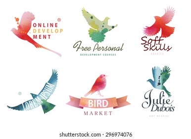 Watercolor logo templates. Colorful birds silhouettes in watercolor technique. Vector illustration.