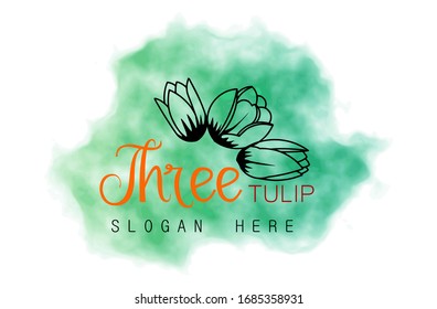 Watercolor logo, three tulips with the "Three" and watercolor background