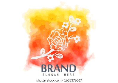 Watercolor logo, white flower with initial brand underneath and watercolor background