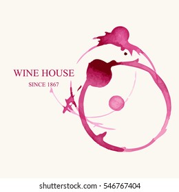Watercolor logo for wine house in form of wine stains isolated on light beige background. Vector illustration EPS10