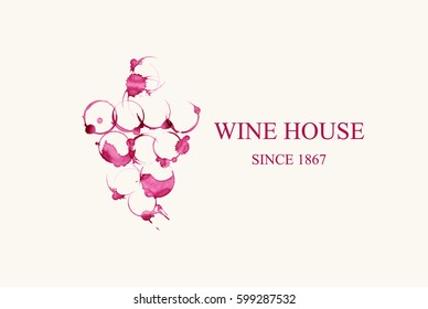 Watercolor logo for wine house in forme of grape vines make from wine stains isolated on light beige background. Vector illustration EPS10.