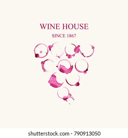 Watercolor logo for wine house in forme of grape vines make from wine stains isolated on light beige background. Vector illustration EPS10.