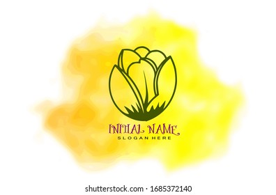 Watercolor logo,single tulip with the "initial name"underneath and watercolor background