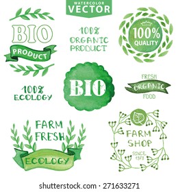 Watercolor logotypes set.Green branches,Badges, labels,ribbons,plants elements,wreaths and laurels.Organic,bio,ecology natural design template.Hand drawing painting.Vintage vector,green colors