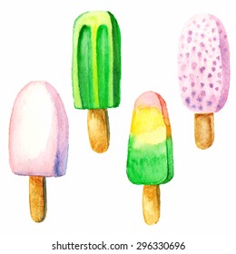 watercolor lollipops. ice cream set. vector hand drawn illustration