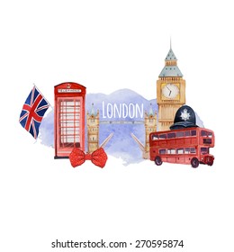 Watercolor London banner. Label with hand drawn elements: policeman helmet, Big Ben clock, flag of Great Britain, tower bridge, red bus, Tower bridge, red phone booth. English capital signs