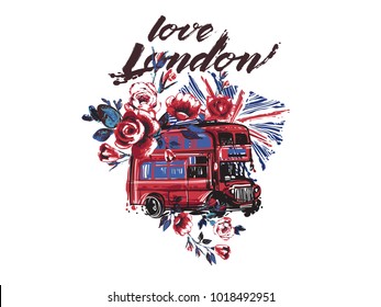 Watercolor London Bus, flag, flowers vector illustration design. Retro british grunge graphic for textile design or t-shirt print. Isolated elements on white background