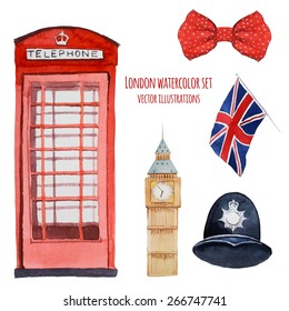 Watercolor London objects. Set of hand drawn elements: red phone booth, Big Ben clock, flag of Great Britain, the helmet of policeman, butterfly modern gentleman with polka dot. English capital signs