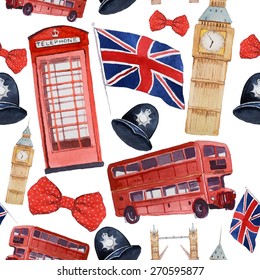 Watercolor London pattern. Seamless texture with hand drawn elements: red phone booth, Big Ben clock, flag of Great Britain, helmet of policeman, bow tie with polka dot, policeman helmet, red bus