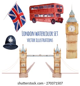 Watercolor London set. Vector hand drawn elements: policeman helmet, Big Ben clock, flag of Great Britain, tower bridge, Tower bridge, red bus. English capital signs icons