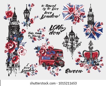 Watercolor London vector illustration collection  Retro british grunge graphic for textile design t  shirt print  Isolated elements white background