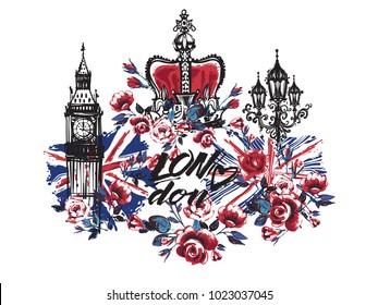 Watercolor London vector illustration collection Big Ben, crown, flowers. Retro british grunge graphic for textile design or t-shirt print. Isolated elements on white background