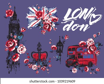 Watercolor London vector illustration collection. Retro british grunge graphic for textile design or t-shirt print. Isolated elements on ultra violet background