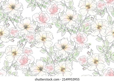 watercolor loose line art pink rose repeat seamless pattern