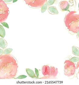 watercolor loose rose flower bouquet with gold line art square frame banner background